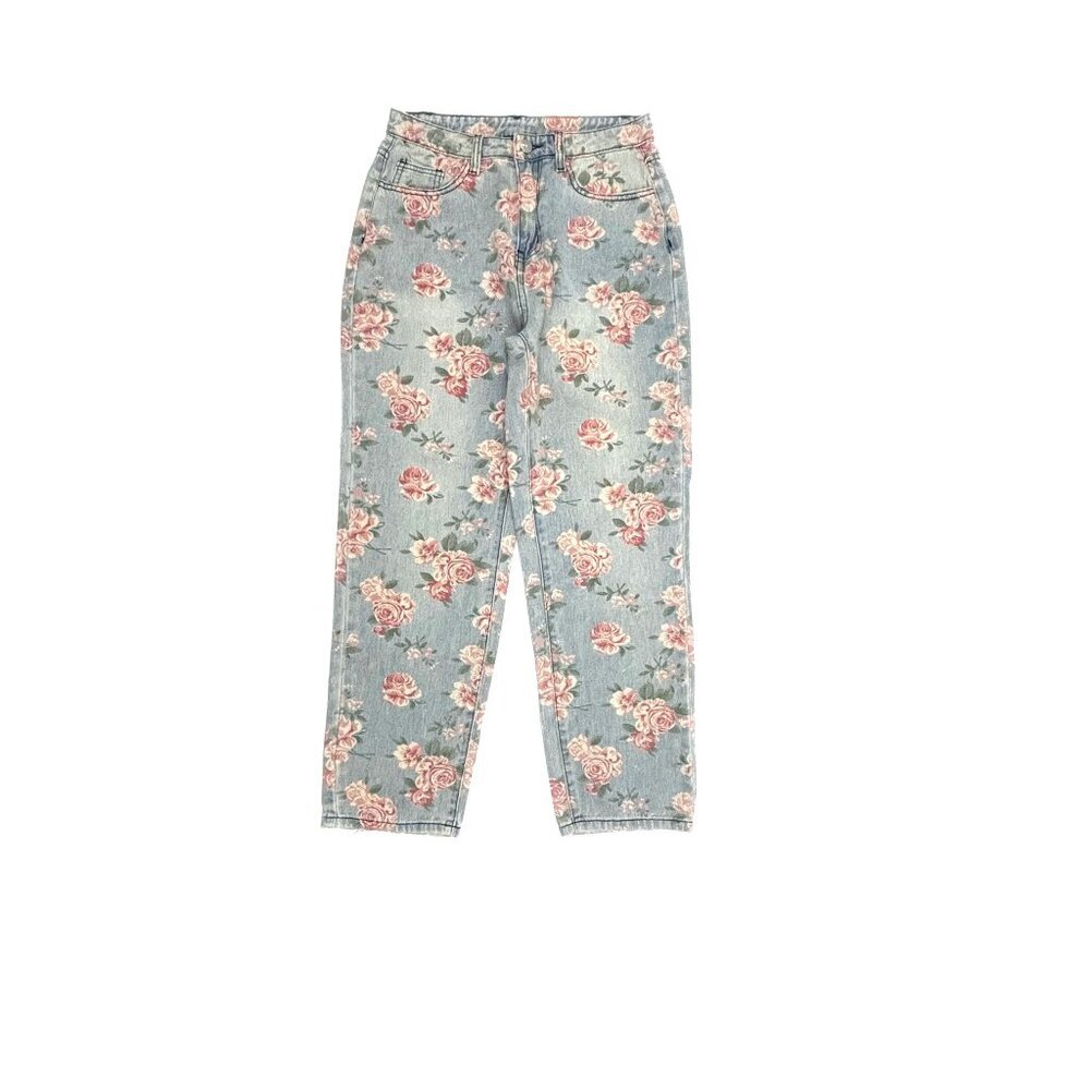 Shein Straight‎ Leg Women's size S Small Floral pattern Blue Denim jeans